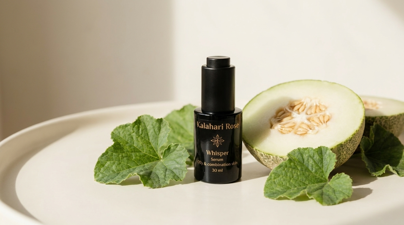 Kalahari Rose Whisper Face Serum bottle, made with Kalahari melon seed oil, beside a halved wild melon and fresh leaves on an ivory surface