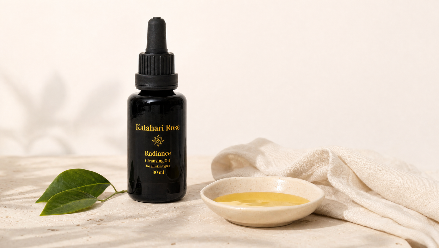 Kalahari Rose Radiance Cleansing Oil bottle beside a ceramic dish of golden oil and folded linen on an ivory stone surface