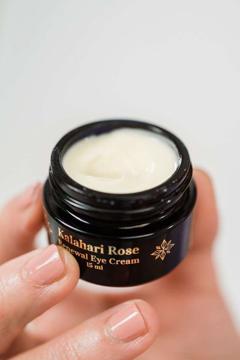 Kalahari Rose Renewal Eye Cream applied around eyes – reducing puffiness and fine lines