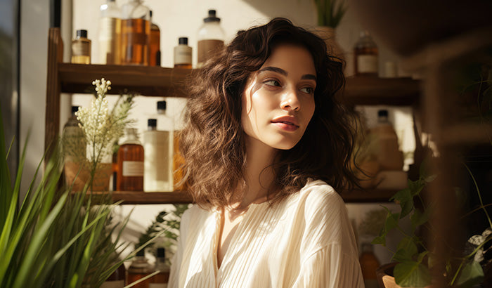 A Woman Stands Before A Shelf Filled With Bottles, Showcasing Skincare Ingredients And Products